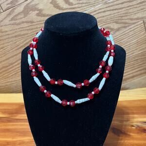 Beautiful Handmade Paper Bead Necklace White & Red Beads Long 15 Inch‎ Rare
